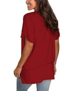 Women's Tshirts Casual V Neck Short Sleeve Loose Summer Tunic Tops - 酒紅色 - 查看 2