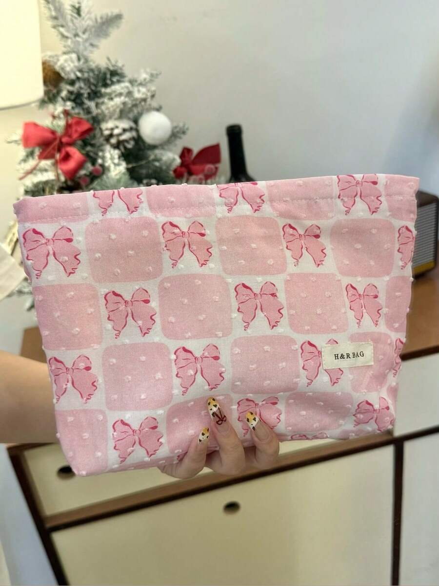 1 Túi đựng mỹ phẩm họa tiết hoa nơ hồng, Túi đựng đồ trang điểm du lịch thông thường cho nữ, Hộp đựng mỹ phẩm di động đựng son môi, cọ, đồ chăm sóc da, điện thoại, tiền xu và các vật dụng nhỏ, Thích hợp cho gia đình, quà tặng, ngày lễ và lễ hội như Halloween và Giáng sinh