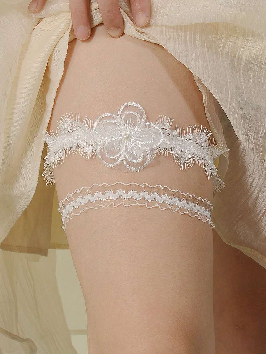 Bộ 2 dây xích đùi ren bướm phong cách cung điện COS màu hồng thanh lịch có đính đá trang trí, dây đeo chân gợi cảm cho cô dâu, phù dâu - trắng - Xem 1