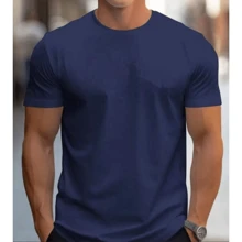 Kit 3 Men's T-Shirts Plain Premium Combed Mesh 100% Cotton Round Neck Short Sleeve Basic Summer - 藍色和黑色 - 查看 4