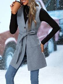 1pc Women Casual Open Front Sleeveless Jacket With Pockets, Autumn - Grey - View 1