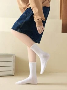 6 双秋冬纯色黑白灰色女士中筒袜 - 彩色 - 查看 3