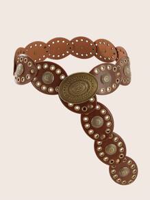 Hershine 1pc Women's Vintage Bronze Oval Flower Shape Buckle Western Cowboy Boho Style Belt, Punk Retro Fashion Accessory For Dress, Christmas Costume Outfit - màu nâu - Xem 5