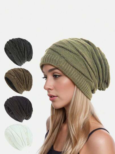 1pc Ladies' Green Slouchy Beanie With Thick Thermal Lined, Soft & Skin-Friendly For Winter Daily Wear & Outdoor Activities, Warm & Ear Protection Casual