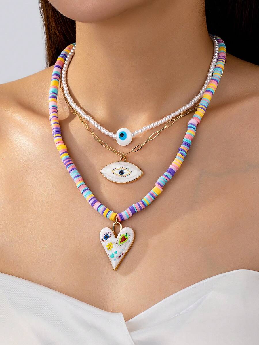 3 Pcs Boho Beads Necklace Set With Evil Eye Pendant , Enameled Evil Eye Heart Beaded Necklaces , Stackable Layering Layered Necklaces Set For Women - Multicolor - View 1