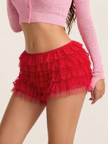 Women Lace Bloomers Shorts Casual Summer Layered Ruffles Elastic Short Pants For Vacation Beach Club Streetwear - 紅色 - 查看 3