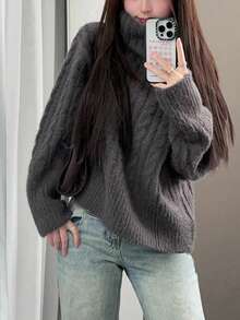 女士优雅露肩套头毛衣，宽松厚针织上衣，秋冬新品