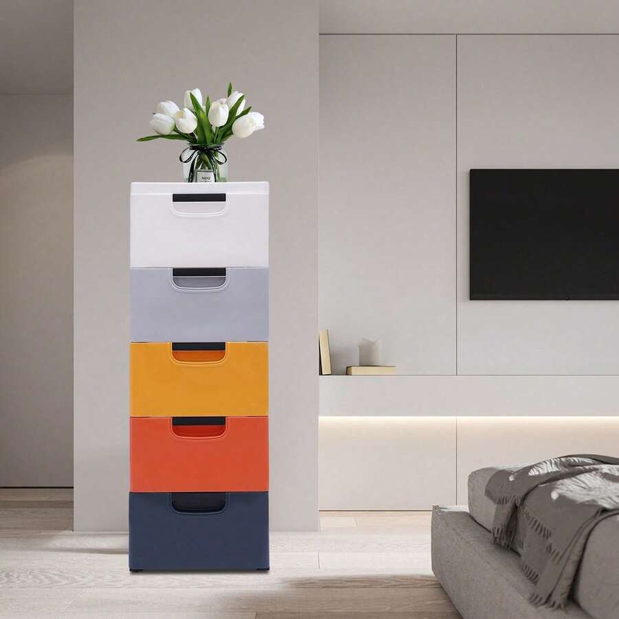 OUKANING Plastic Drawers Dresser Stackable Clothes Storage Cabinet Furniture With 4 Wheel - 彩色 - 查看 1