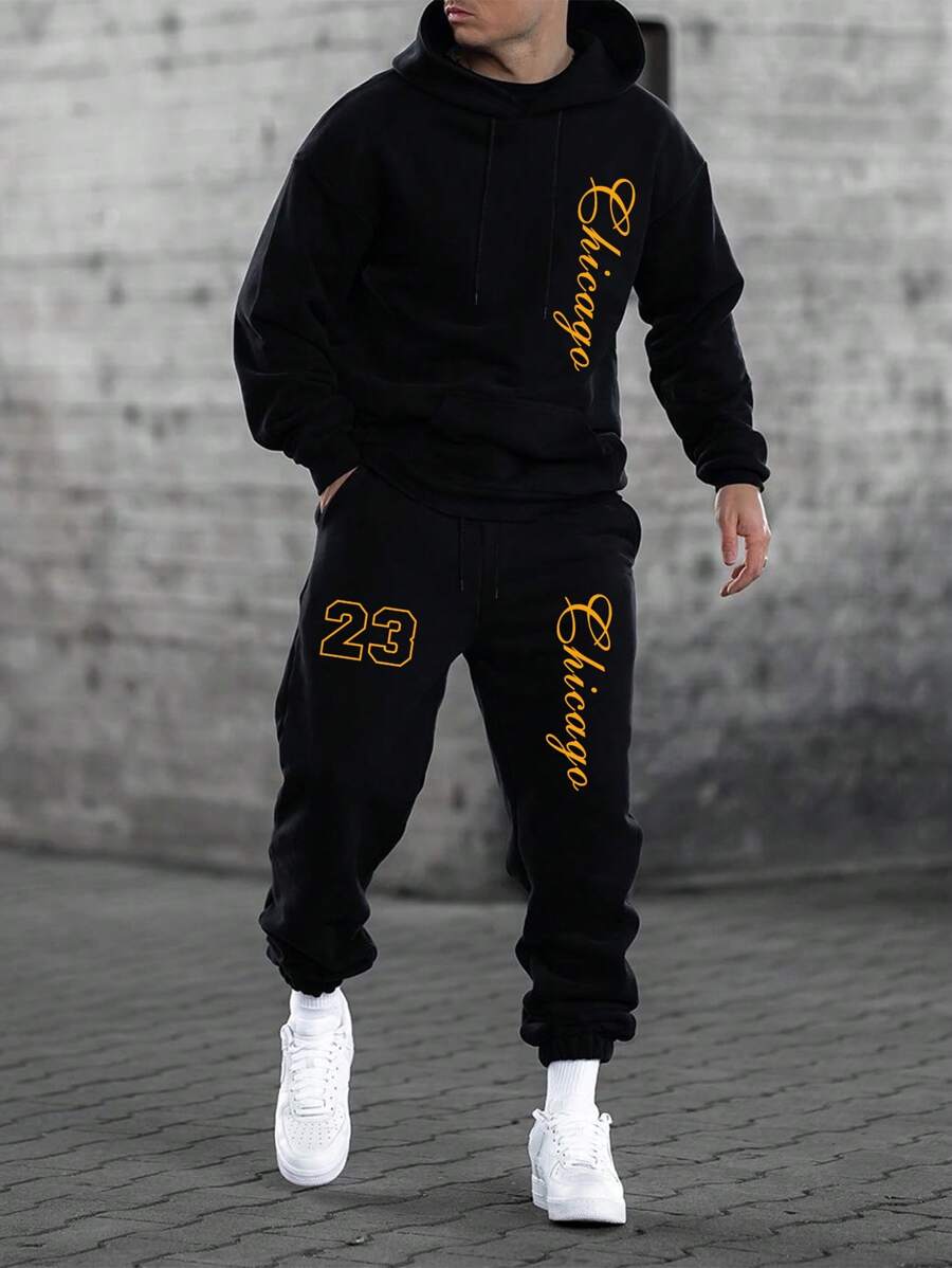 2pcs Men Casual Letter Print Hoodie Sweatshirt And Sweatpants Set, Autumn - Black - View 1