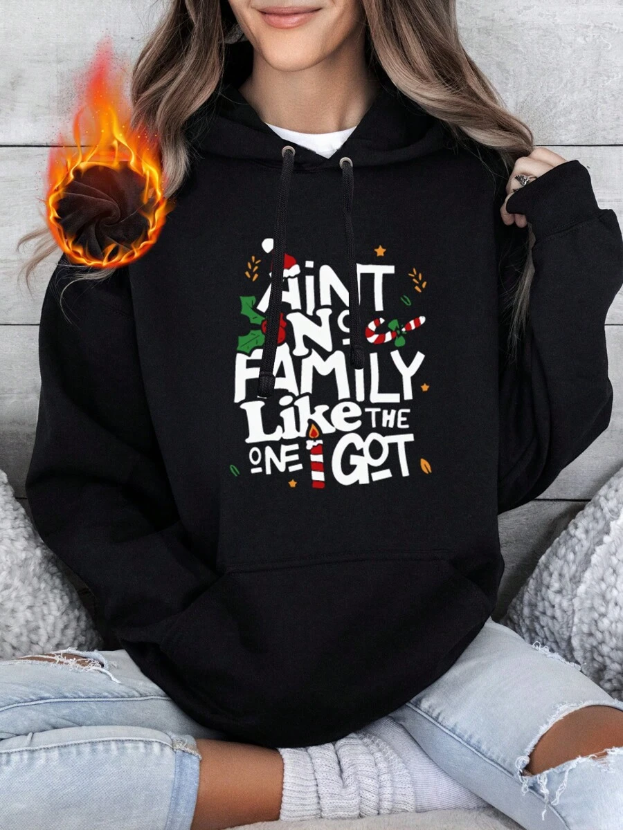 Oversized Style For Women, Family Christmas Matching Clothing Set, Comfortable Classic Print Hoodie, Merry Christmas Graphic Print Crewneck Hoodie, A Double-Layer Hood Hoodie, Fleece Lining For Excellent Warmth - 黑色 - 查看 1