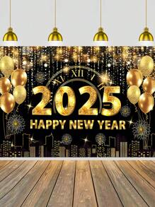 1 件 2025 年新年装饰横幅 - 黑色和金色新年主题，由聚乙烯制成，适合室内和室外使用，非常适合新年派对/节日庆祝/家庭和派对装饰，适合所有用户 - 彩色 - 查看 6