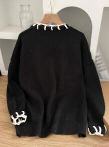 Maglione lavorato a maglia oversize, dalle maniche lunghe, per l'autunno e l'inverno, con un bordo audace e spesso - nero - Visualizzare 2