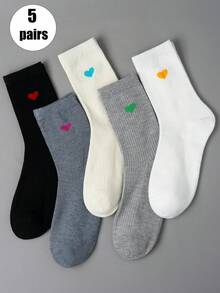 5 双可爱心形图案中筒袜，卡通风格时尚舒适长袜，黑色、白色、灰色 - 彩色 - 查看 2