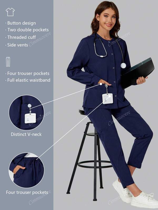 cimmuovere Uniforme de asistentă pentru femei, de culoare solidă chirurgicală, cu snap față în față, cu mâneci lungi, set de scrub cu mai multe buzunare