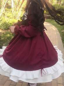 1 件可爱清新少女宽松喇叭洛丽塔连衣裙，适合假期、节日、派对、休闲日常穿着 - 酒紅色 - 查看 5