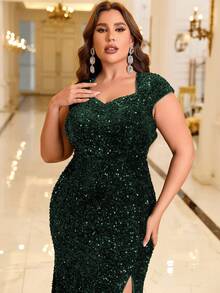 Plus Size Women High Slit Sequin Evening Gown, Elegant Formal Prom Dress, For Wedding Guest, Graduation, Dinner - Dark Green - View 6