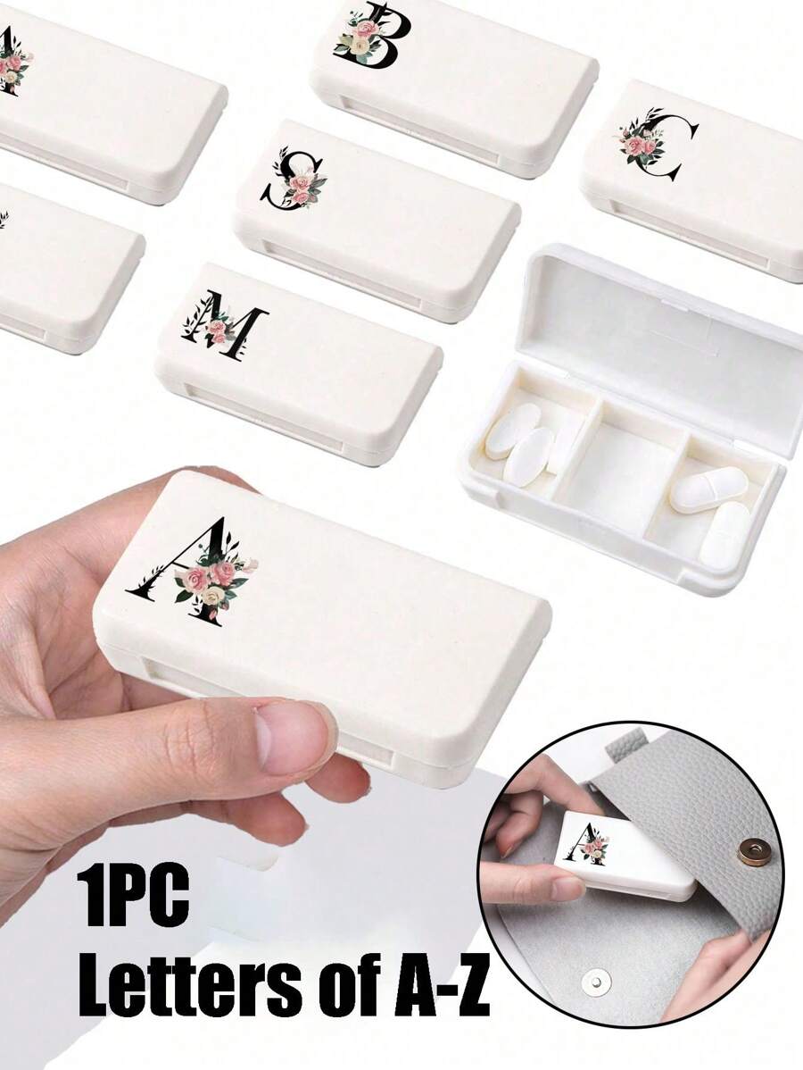 Mini Pill Box With Three Compartments, Portable Pill Organizer, Pink Floral Pattern-Black Letters A-Z,Compact And Convenient, Suitable For Travel Medicine Box, Cute Weekly Travel Pill Case Organizer, Independent Compartment Case,Supplement Case For Pocket Or Purse -3 Grids Travel Medication Carry Case - Daily Vitamin Organizer Box, Medicine Container