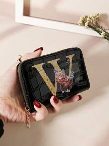 Cartera organizadora de tarjetas con cremallera alrededor, estampado de flores y hojas en acuarela, letras del alfabeto con relieve de piedra y estampado de cocodrilo, de múltiples capas, portátil y minimalista, ideal como regalo de aniversario, cumpleaños, para pareja, niña, mujer, para llevar a la escuela, universidad o como complemento de moda - Negro - Ver 15