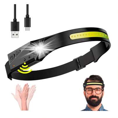 1 Pieza linterna frontal portátil con sensor de iluminación para exteriores, recargable por USB, engranajes ajustables, adecuada para acampar al aire libre, exploración, pesca y aventuras