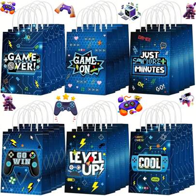Set de 12/18/24/30/36/48 bolsas de papel azules con manijas impresas con temática de juego de video para fiesta de cumpleaños o decoración, bolsas de regalo de caramelos para fiestas de gamers