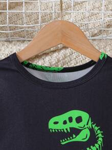 2 件套男童休闲舒适恐龙图案长袖上衣和裤子睡衣套装，春秋季 - 黑色 - 查看 4