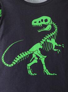2 件套男童休闲舒适恐龙图案长袖上衣和裤子睡衣套装，春秋季 - 黑色 - 查看 5