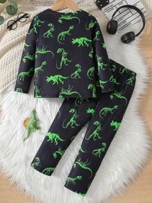 2 件套男童休闲舒适恐龙图案长袖上衣和裤子睡衣套装，春秋季 - 黑色 - 查看 3