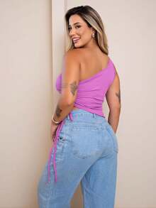 Bata Blouse With Long Sleeves, Side Tie, Foreign Fashion, Casual - Lilac Purple - View 3