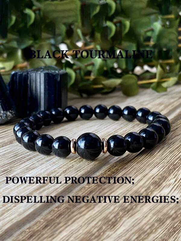 1 pieza Brazalete de protección poderoso de turmalina negra que disipa la energía negativa. Joyería espiritual, de meditación y elástica con cuentas, unisex