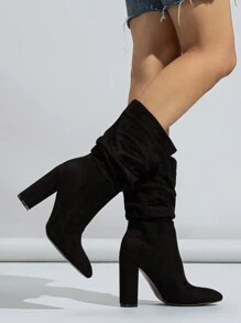 完美搭配连衣裙，女士黑色褶皱尖头厚底高跟套脚靴，冬季时尚派对必备 - 黑色 - 查看 3