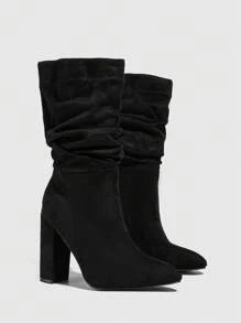 完美搭配连衣裙，女士黑色褶皱尖头厚底高跟套脚靴，冬季时尚派对必备 - 黑色 - 查看 5