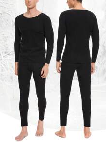 Men's Solid Color Thermal Underwear Set, Inner Fleece Thermal Underwear Ultra Light Top Bottom Long Sleeved Underwear Winter Skiing Underwear