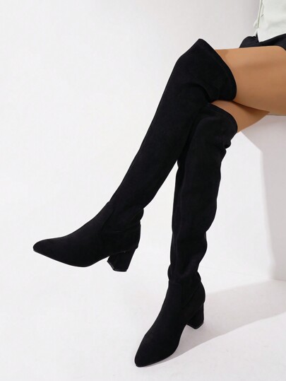 Women's Black Minimalist Slip-On High Heel Knee Boots