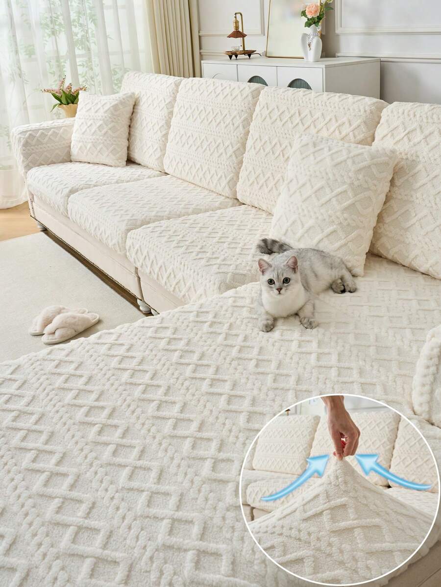 1pc Thick Reversible Plush Sofa Seat Cushion Cover, Modern Simple Style, Soft & Skin-Friendly, Pet-Proof & Anti-Scratch, Suitable For L-Shaped Combination Sofa And 1/2/3/4-Seater Sofa (Sold Individually) - Beige - View 1