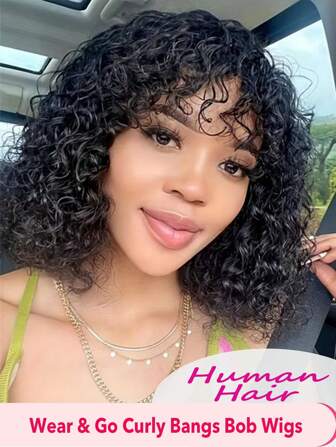 Human Hair Curly Bob Wigs With Bangs Water Wave Remy Human Hair Wig Non Lace Machine Made Glueless Wig For Women Natural Black Color 180% Density