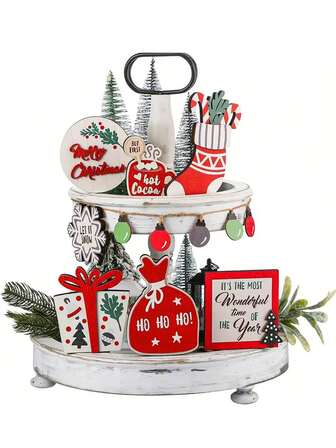 12 قطعة من ديكورات الرصيف الخشبي متعدد الطبقات لعيد الميلاد - رسومات فكاهية للكاكاو الأحمر الساخن وعكازات السكر والنجوم الثلجية والجوارب، ديكورات طاولات للخريف والشتاء المنزلية، ديكور حفلات العطلات العائلية، هدية مثالية للأصدقاء (بدون صينية)