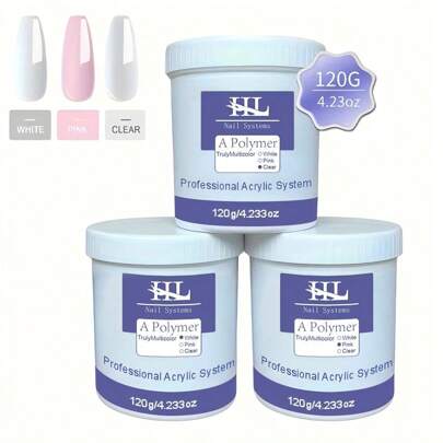 120克丙烯酸粉 - 3色丙烯酸美甲粉，聚合物彩色丙烯酸美甲粉，用于丙烯酸美甲延长雕刻（白色/粉色/透明），丙烯酸按压式美甲片