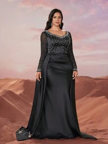 YISIKADO 大码正式舞会晚礼服，优雅奢华缎面手工串珠水钻装饰长袖连衣裙，婚礼活动礼服，黑色连衣裙，适合婚礼嘉宾、毕业典礼、晚宴派对礼服