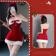 Robe moulante rouge à fines bretelles et col en V minimaliste et sexy, costume de cosplay sexy de Noël pour les streamers en direct et les performances sur scène (79-100 kg)
