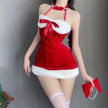Robe moulante rouge à fines bretelles et col en V minimaliste et sexy, costume de cosplay sexy de Noël pour les streamers en direct et les performances sur scène (79-100 kg)