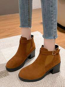 女士时尚踝靴，圆头系带粗跟切尔西一脚蹬复古妈妈鞋 - 棕色 - 查看 2