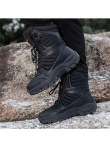 Męskie zimowe buty trekkingowe, śniegowce, cholewka ze skóry w jednolitym kolorze, z termiczną podszewką, ciepłe, wysokie buty wojskowe (rozmiar zaniżony o połowę)