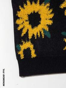 Pull tricoté ample à motif jacquard floqué tournesol rétro pour hommes, style de haute rue, automne/hiver
