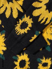 Pull tricoté ample à motif jacquard floqué tournesol rétro pour hommes, style de haute rue, automne/hiver