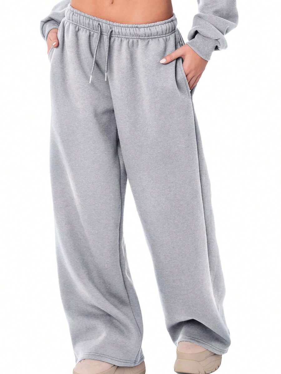 Women's Casual Joggers Sweatpants Solid Color Drawstring High Waist Wide Leg Trousers - Grey - View 1