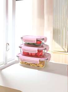 1 pieza Nueva fiambrera aislada de vidrio rosa con accesorios para estudiantes, caja bento con rallador Pyrex, cuchillería y para guardar fruta