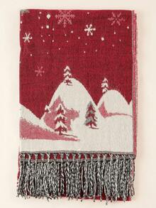 1 件女士圣诞保暖围巾雪花印花长流苏披肩无弹性男女休闲户外围巾冬季 - 紅色2 - 查看 4