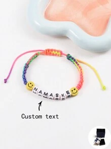 Pulsera personalizada de hilo colorido con cuentas lindas y cuentas con letras, se puede personalizar con nombre, lema, ubicación, fecha - adecuado para cumpleaños, San Valentín, celebración de aniversario, regalo para parejas, mejores amigos, amistad