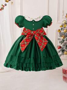 Young Girl Christmas Party Puff Sleeve Collar Puff Dress, Suitable For Role Play Party - Dark Green - View 1