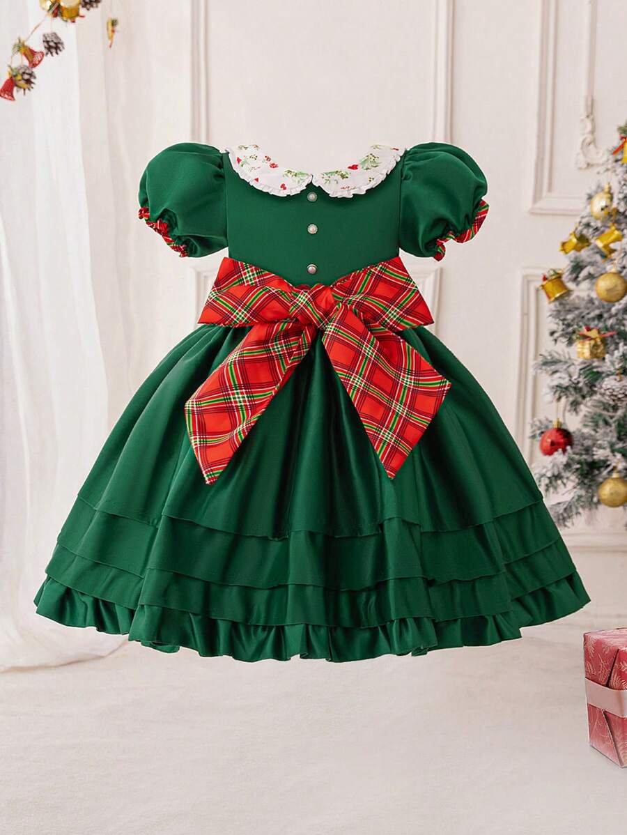 Young Girl Christmas Party Puff Sleeve Collar Puff Dress, Suitable For Role Play Party - Dark Green - View 1